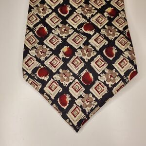 HUNT CLUB Mens 100% Silk Tie Red Apples Pears Blossoms Geo Print Black Red Taupe